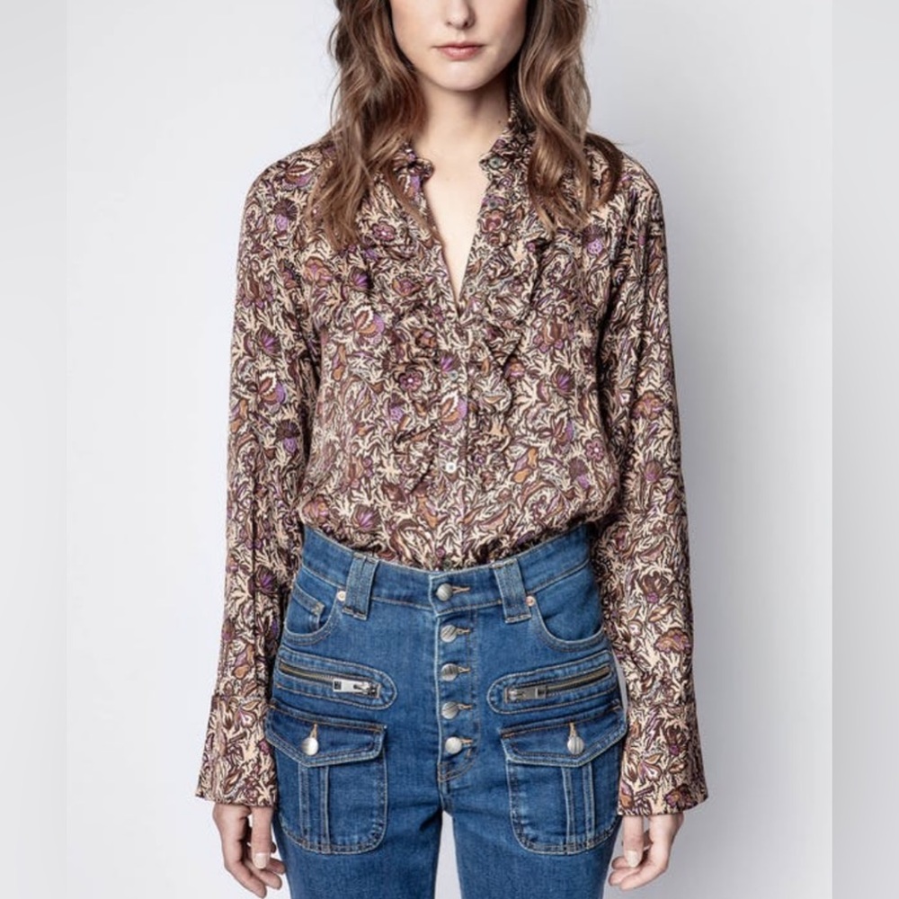 NWOT Zadig & Voltaire Tuska Satin Brown Printed Blouse